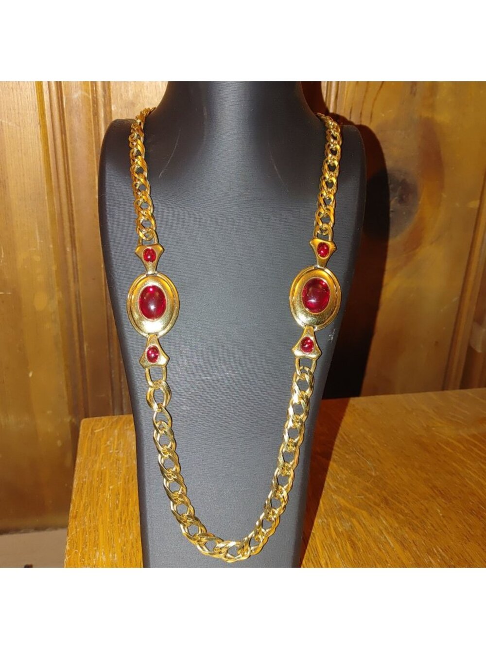 Long Vintage Napier Gold Tone Necklace Red Cabochon Oval Accents Statement Chain